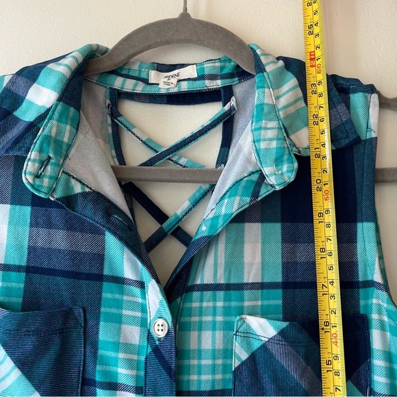 Ardene Plaid Sleeveless Button-Up Tank Top Small Crisscross Back Blue Green Soft - Picture 8 of 11